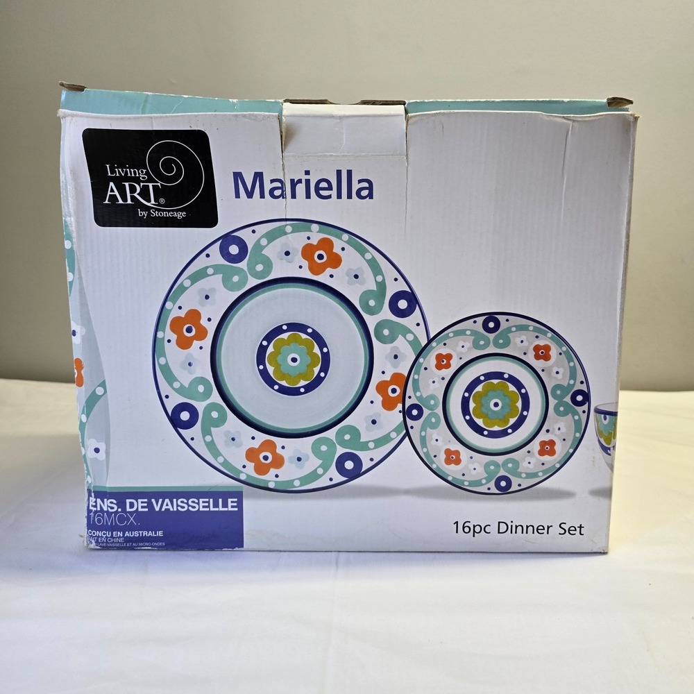 Living Art‎ Stoneage Mariella 16pc Dinner Set Hand Painted Floral Ceramic